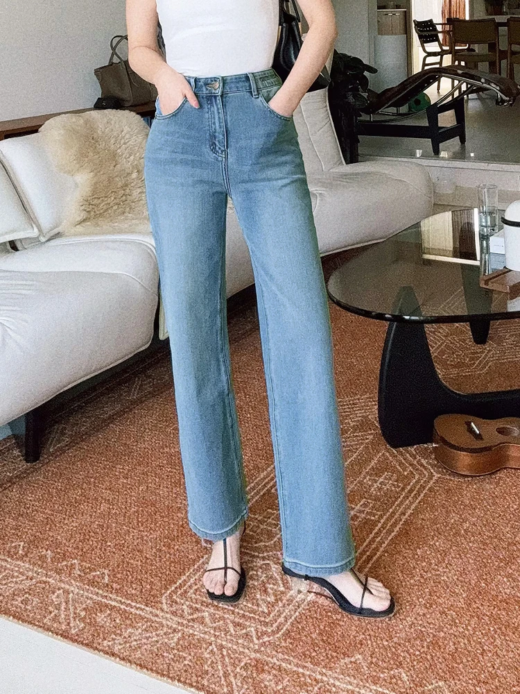 

HeyDress High Waist Four-Way Stretch Denim Jeans Women Summer Slim Straight Leg Pants Versatile Side Slit Casual Cotton Stret...