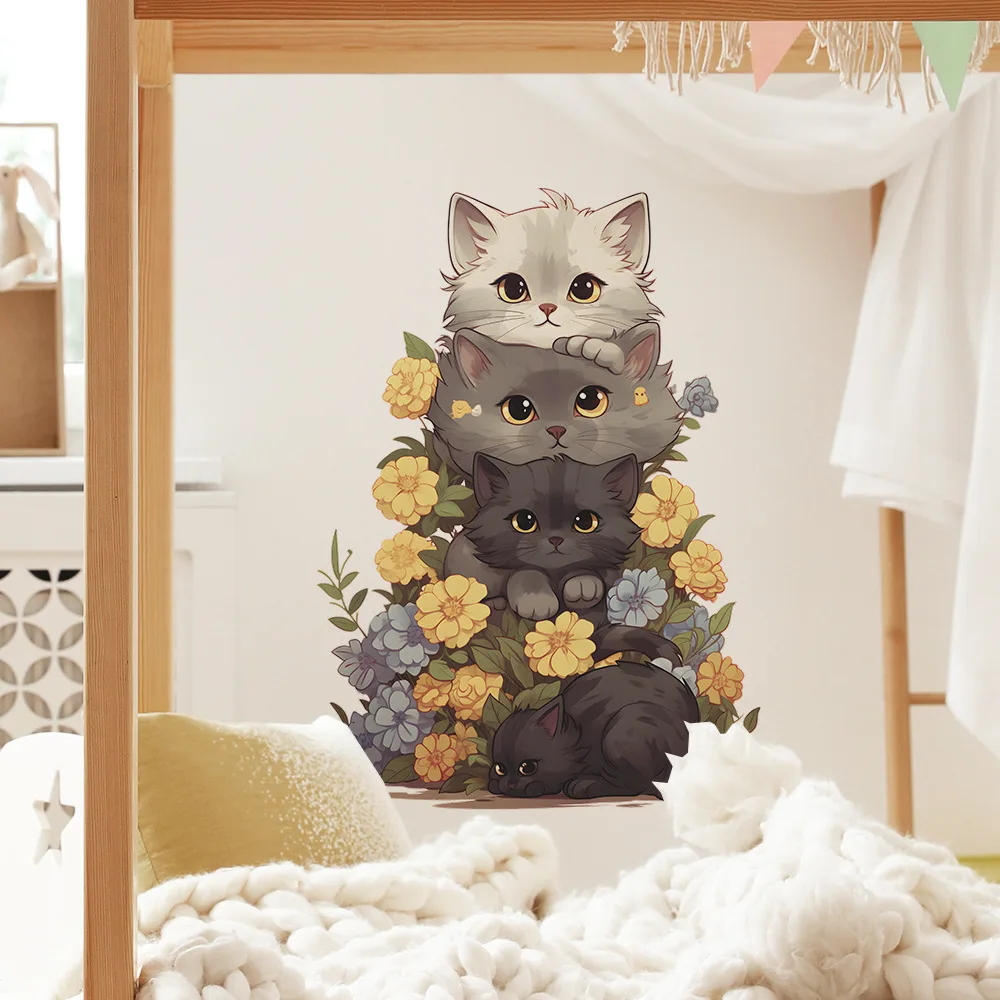 Cute Cat Vinyl Child Wall Stickers For Baby Girl Room Decoration Bedroom Accessories Adhesive Wallpaper Wall Decor Room Decor