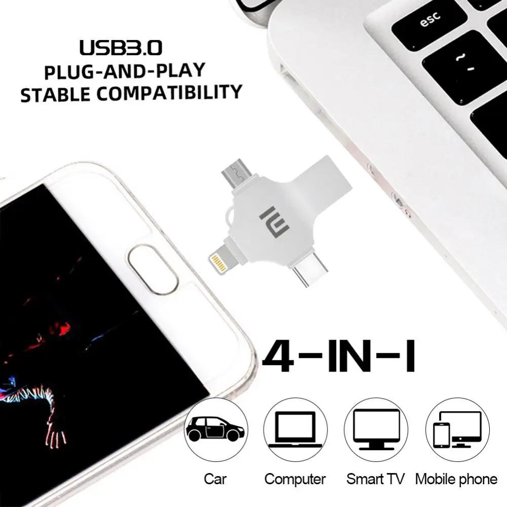 MIJIA Xiaomi 4 in 1 tipe-c OTG USB Flash Drive 2TB 3.0 flashdisk 1TB USB Stick 1TB memori 1TB untuk iPhone Android PC Micro USB