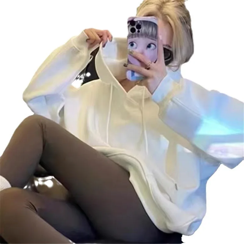 الرجعية الأمريكية بلون العصرية الأبيض هوديي المرأة الخريف الشتاء فضفاض كسول نمط الصوف مبطن سميكة تنوعا سترة #5