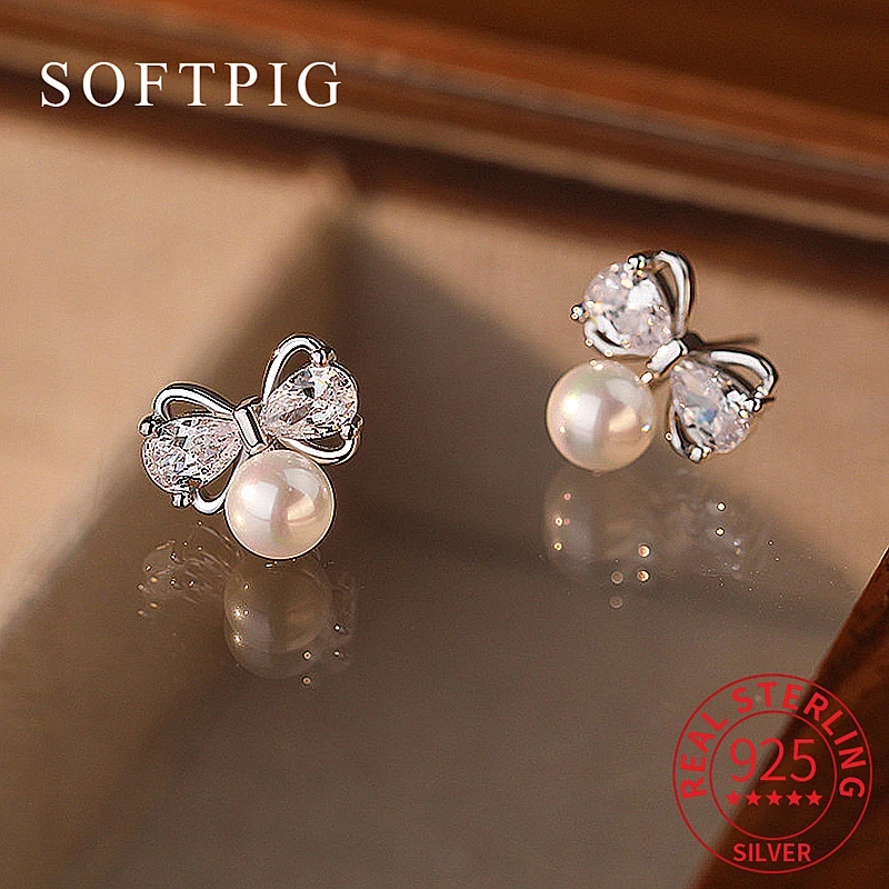 

SOFTPIG Real 925 Sterling Silver Zircon Bowknot Pearl Stud Earrings for Women Cute Fine Jewelry Minimalist Accessories