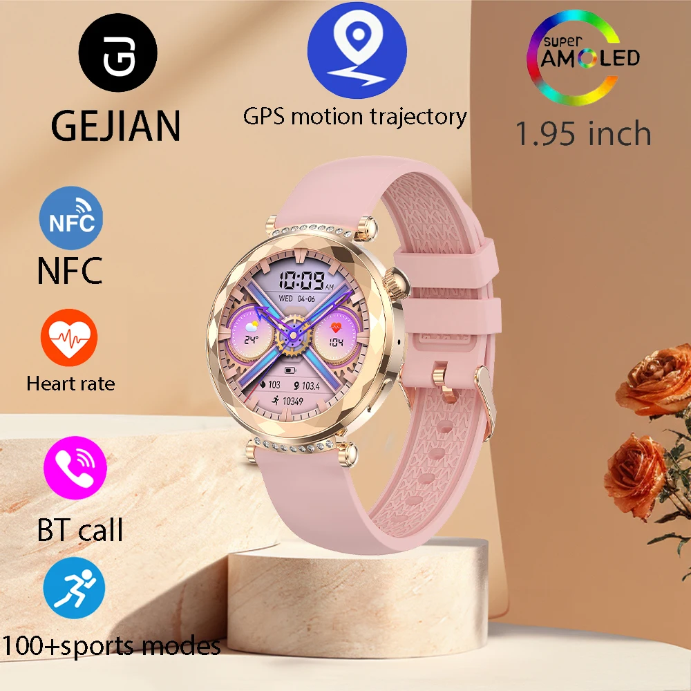 

GEJIAN 2025 новые женские умные часы AMOLED NFC, мониторинг сердечного ритма, Bluetooth-вызов, GPS, отслеживание траектории движения, умные часы