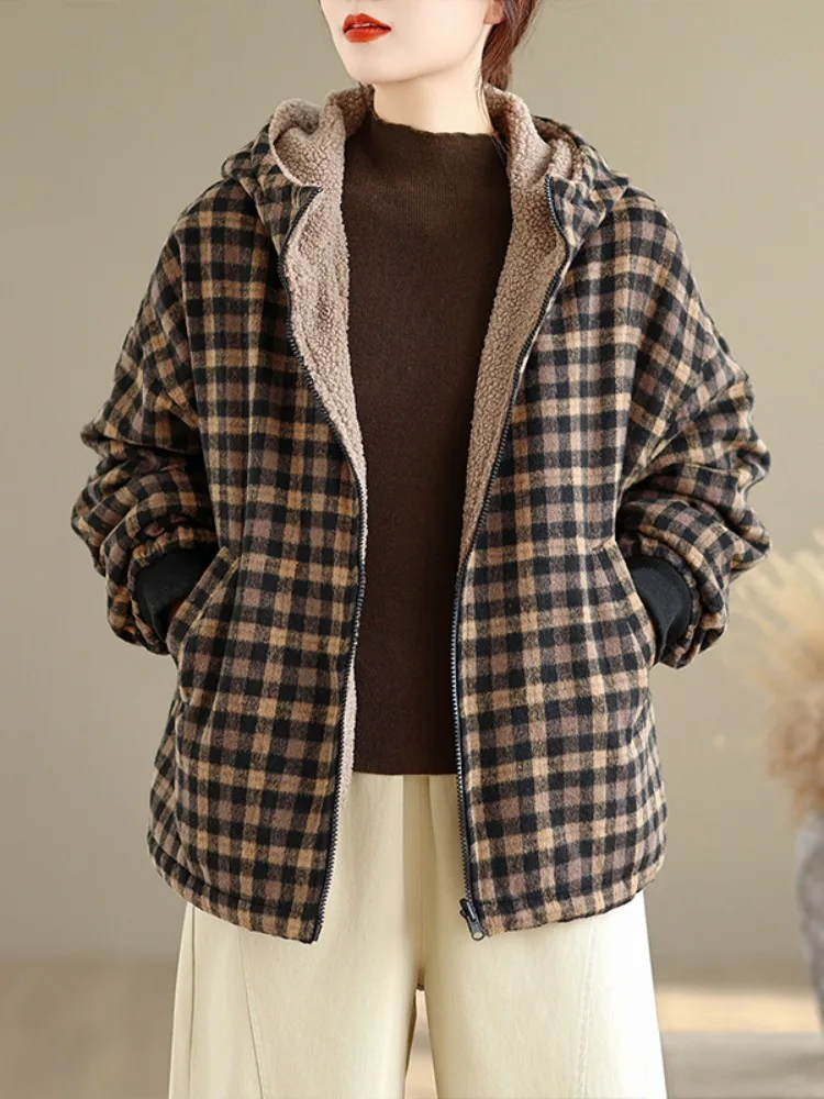 Thiened Fce Roupa dupla face xadrez com capuz de algodão Jaet feminino inverno Faion anti-envelhecimento tamanho grande pele de cordeiro algodão Co...