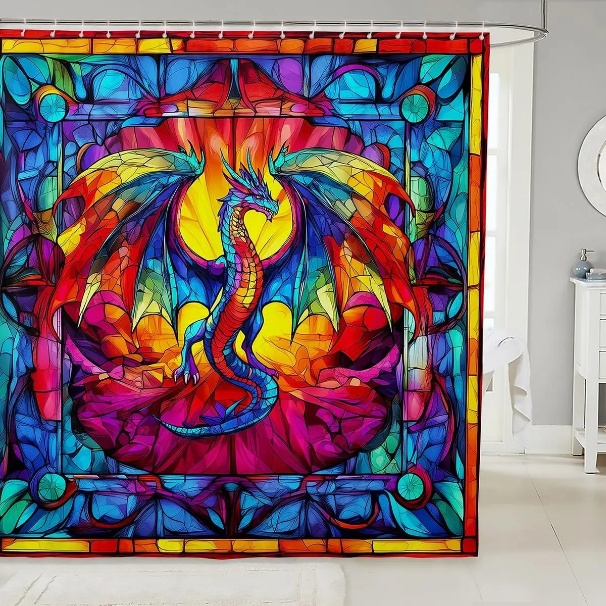 Gothic Flying Dragon Shower Curtain, Retro Rainbow Geometric Design, Western Wing Dragon Waterproof Curtain with Hooks