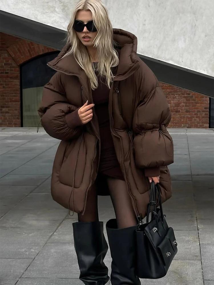 Women Dark Brown Mid Padded Short Casual Blouson High Neck Zipper Drawstring Waist Balloon Sleeve Coat Cold Weather Trendy Look