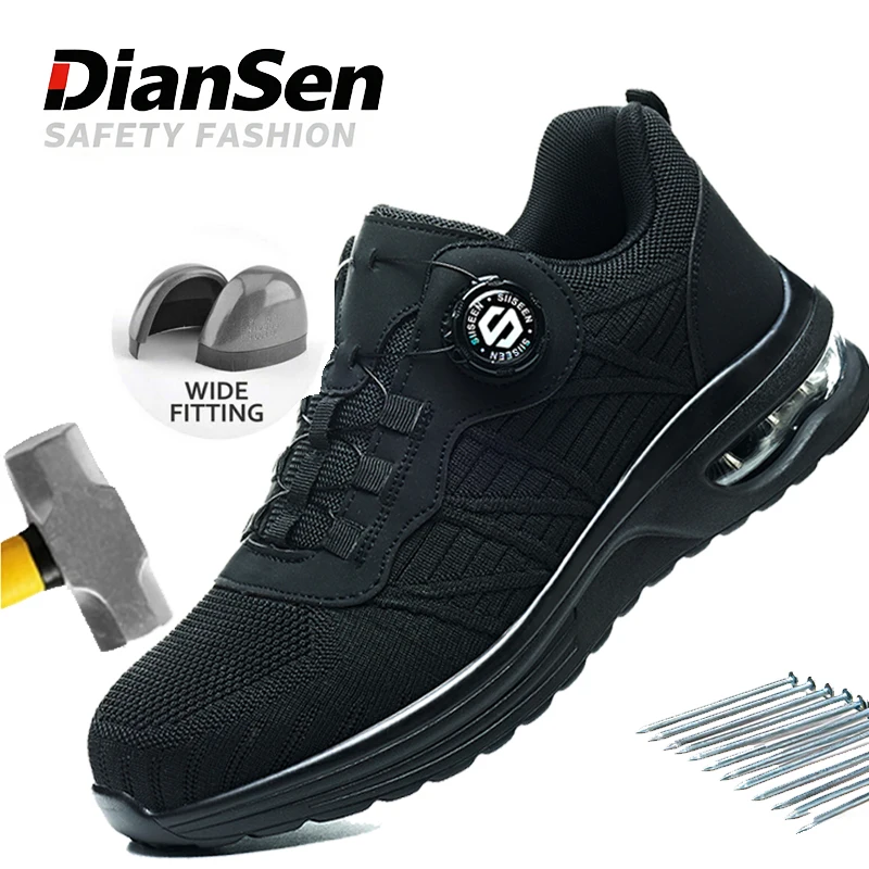 メンズ-ブラック-セーフティ-シューズ-スチールトゥ-軽量-通気性-スニーカー-ロータリー-ボタン-アンチスマッシュ-壊れない靴-ケブラー生地