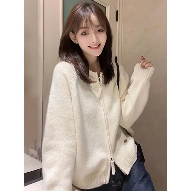 Cardigan en tricot zippé pour femme, vêtements d'hiver 2023, hauts confortables, vêtements pour femmes, pull en tricot, manteau populaire coréen