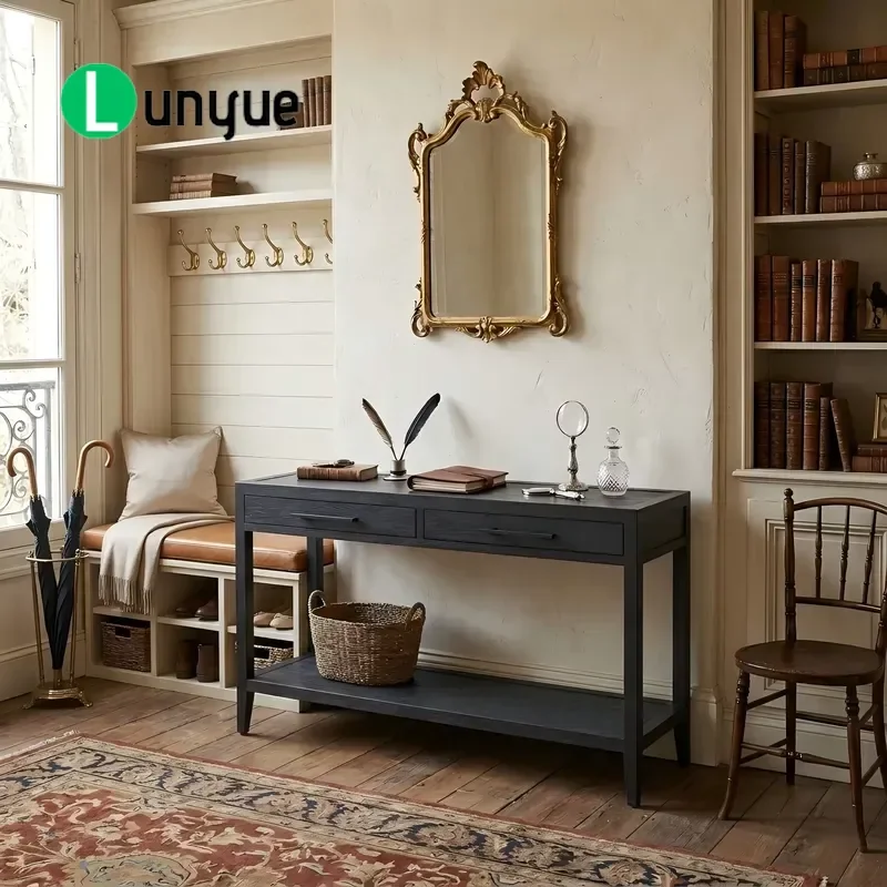 Modern Solid Wood Console Table with 2 Drawers and Shelves for Living Room Corridor Entrance Storage Furniture