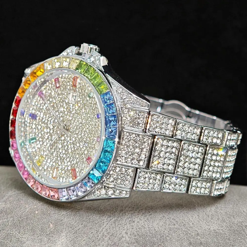 Luxury Ice Out Watches Men Fashion Brand UNIGUET Hip Hop Rainbow Diamond Round Quartz Wrist Watch Mans Gift Dropshipping