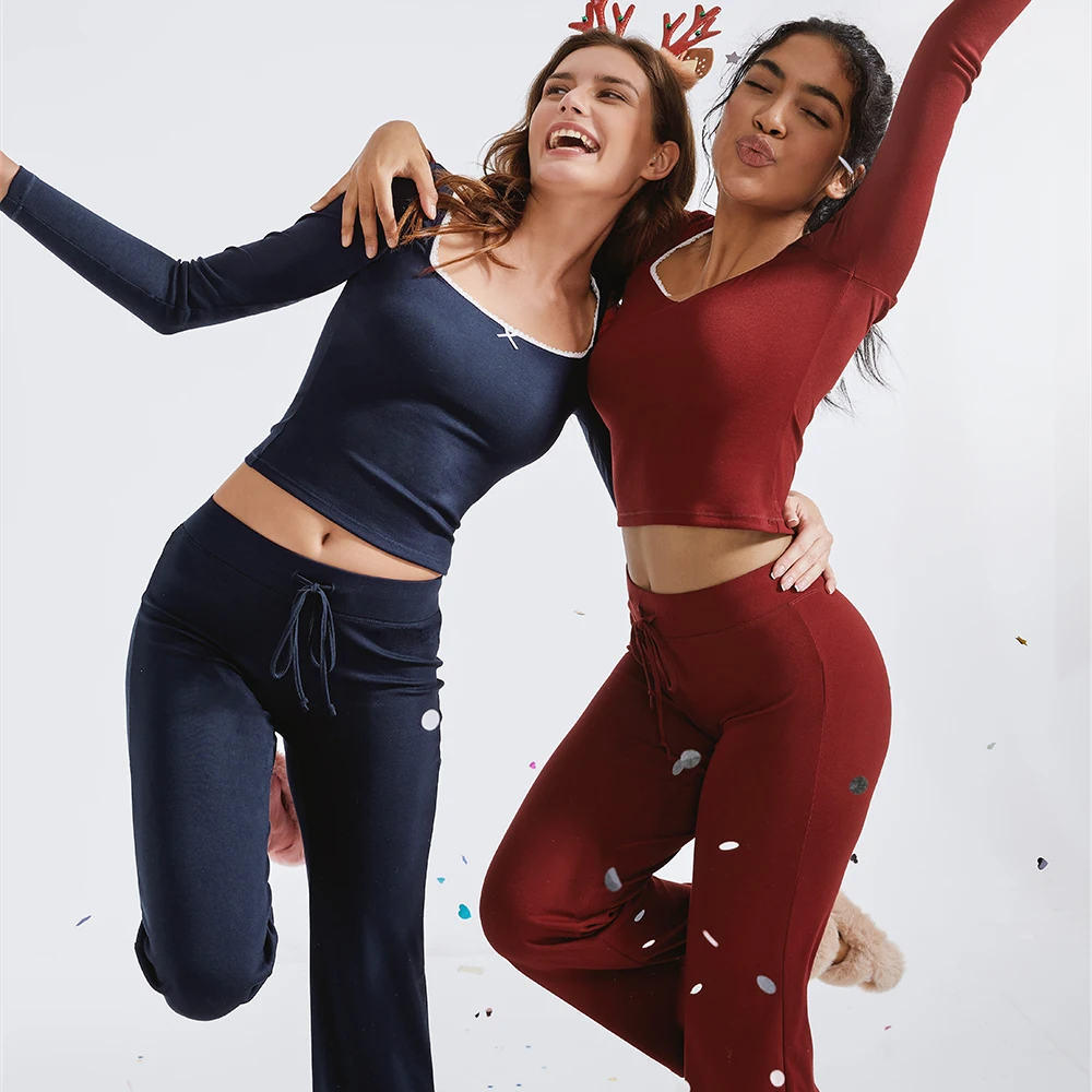 Ensemble de salon en dentelle pour femmes, col carré, manches longues, hauts, pantalons à jambes larges, ensembles de maison, automne, ensemble 2 pièces, tenues, survêtements féminins