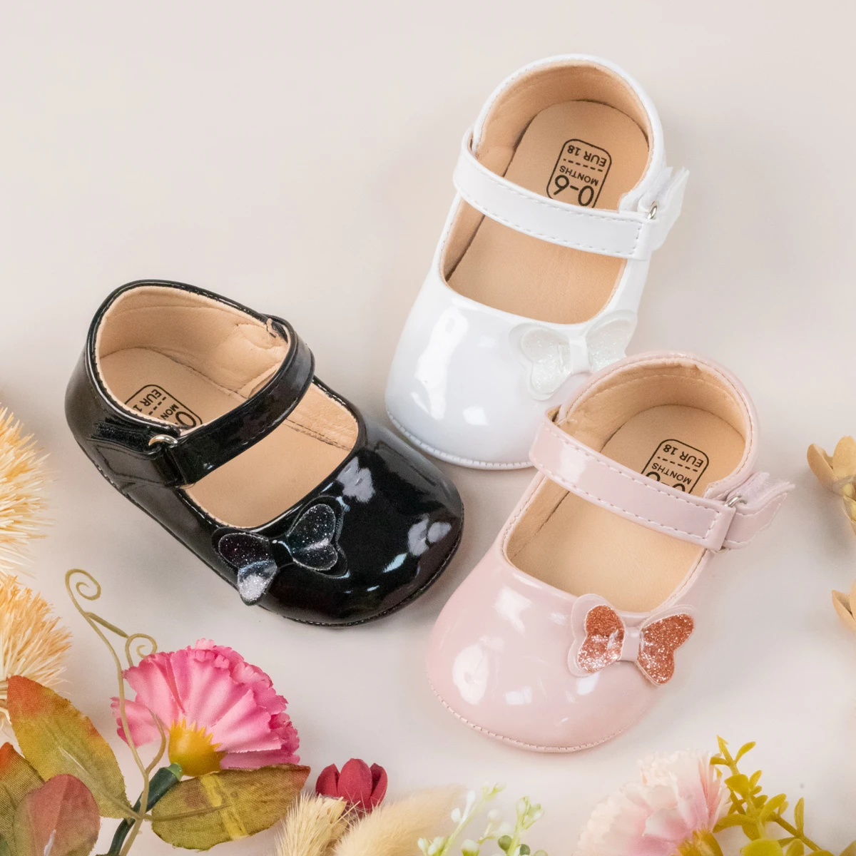 KIDSUN Baby Shoes Newborn Girl Princess PU Toddler Shoes Bow Decor Rubber Sole Anti-Slip First Walker Shoes 0-18M