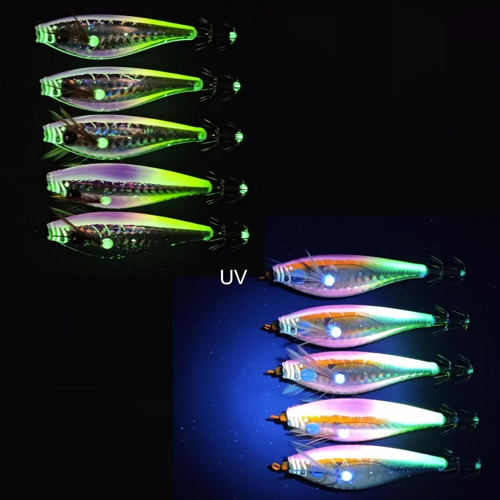 5pcs Sea Fishing Lure Horizontal Squid Jig  Egi Set Luminous Glow Wood Shrimp Bait Octopus Fishing Lure