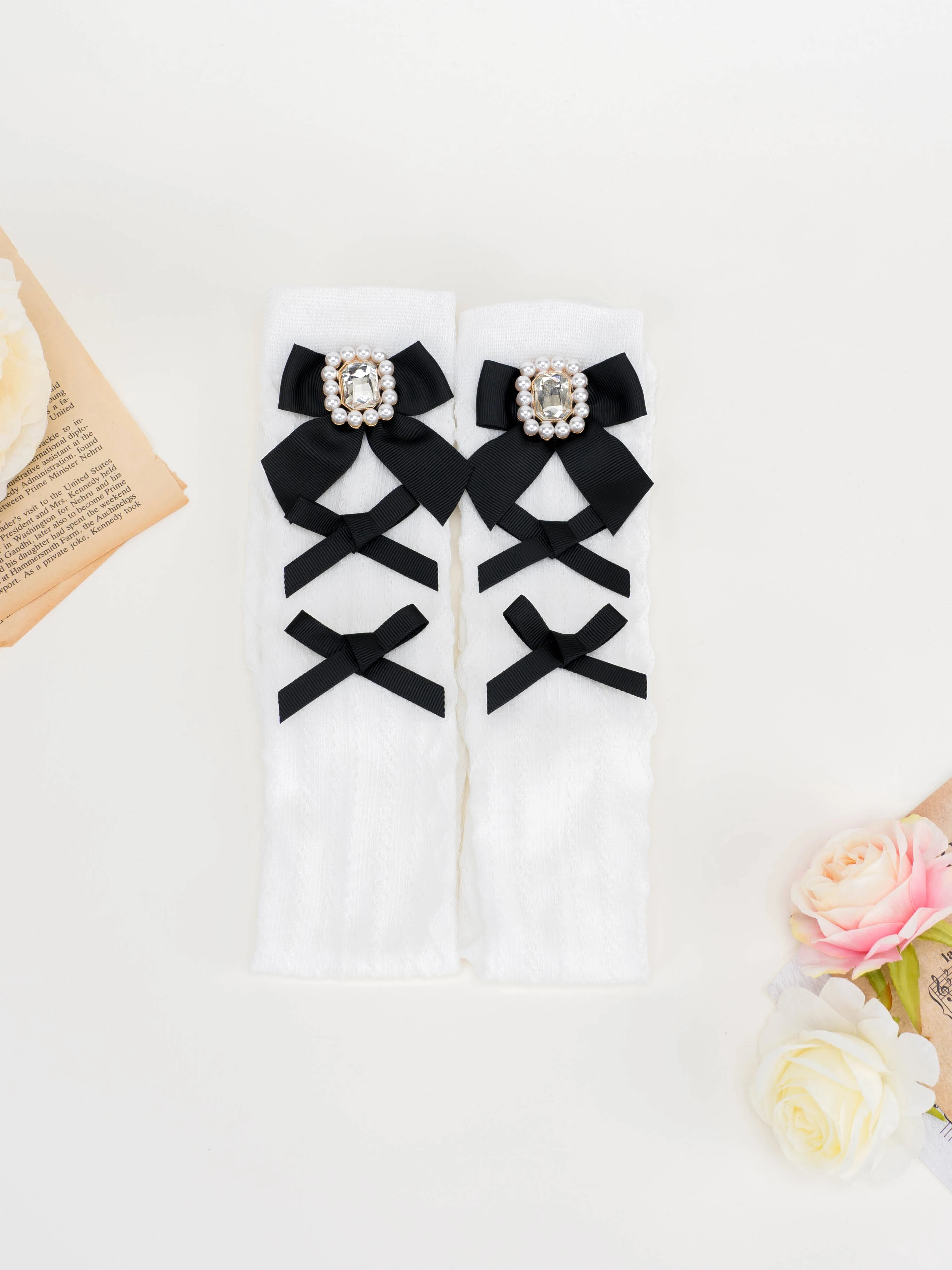 Japanese Style Sweet Mass-Produced Knee High Socks Autumn and Winter Square Diamond Three Bow Gem Cotton Mid-Calf Length Socks