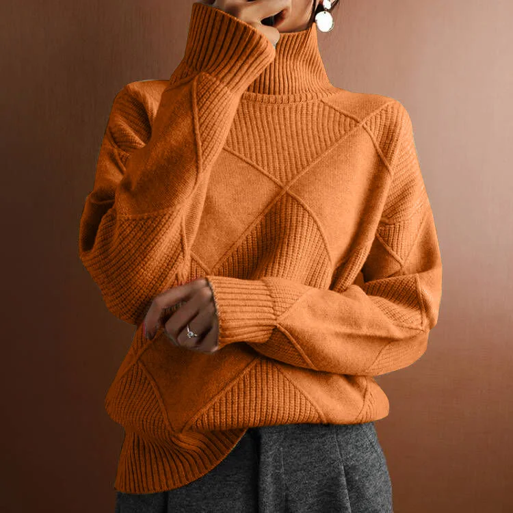 Women Turtleneck Sweaters Full Sleeve Pullovers Spliced Thick Sweater Lozenge Elegant Lady Solid Outwear Warm Winter 2024