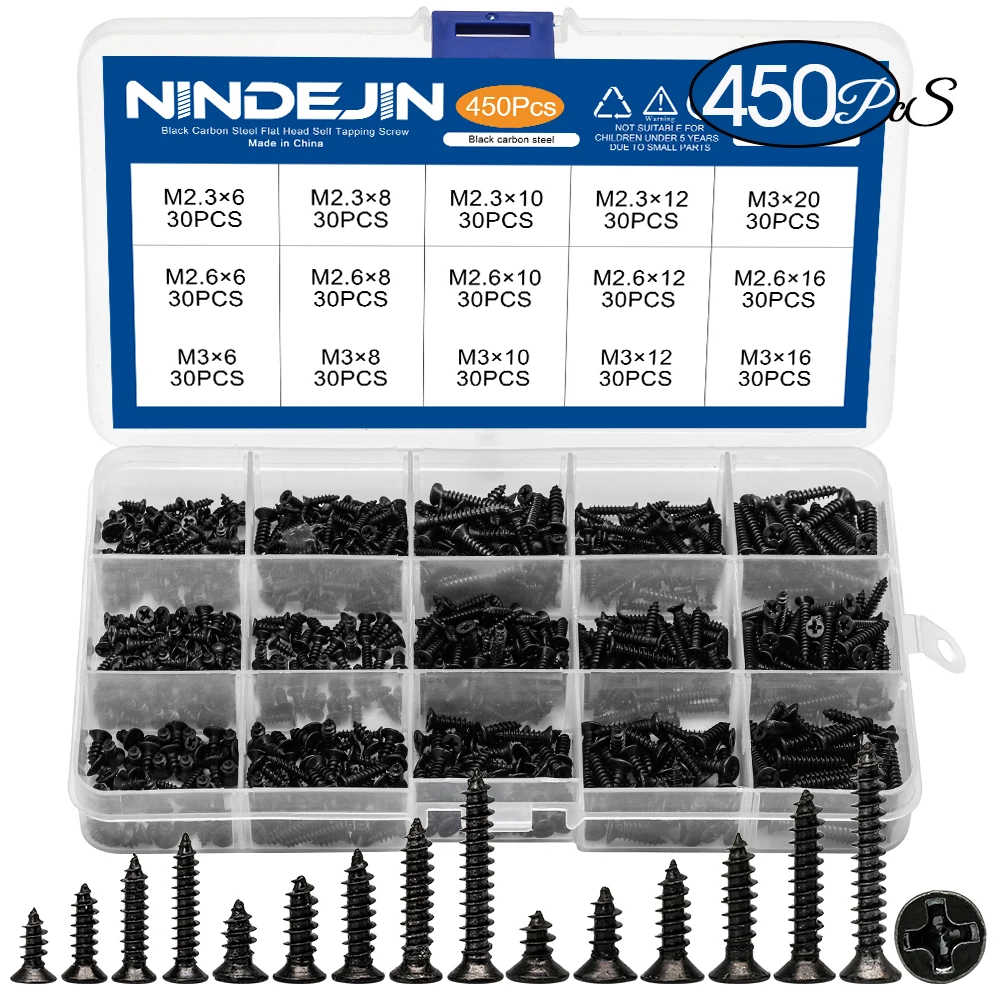 

450pcs/set Black plated cross recessed Countersunk flat head tapping screws M2.3 M2.6 M3 Carbon Steel mini Screw assortment kit