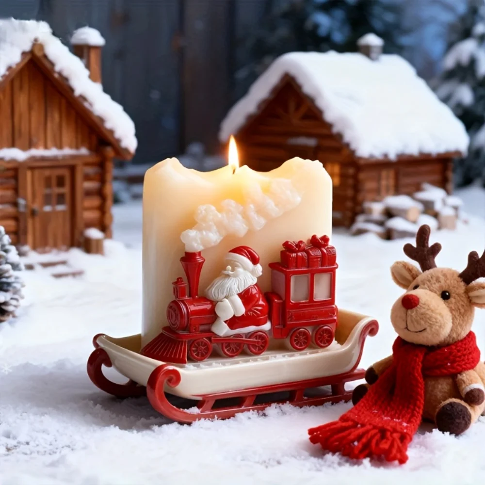 

Santa Claus Sitting on Locomotive Silicone Mold - Red & Golden Train Design with Snowy Roof & Golden Wheels, Durable Resin/Cemen