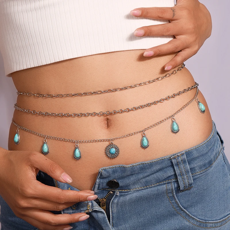 Bohemia Turquoise Water Drop Waist Belly Chain for Women Summer Beach Waistband Bikini Sexy Body Jewelry Gifts