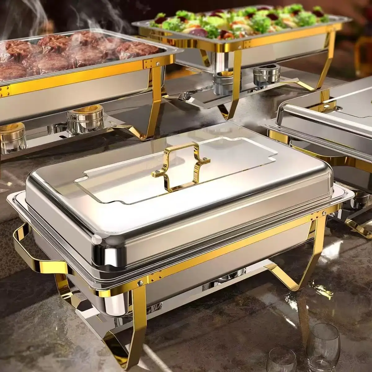 

Buffet heating Shanghai stainless steel restaurant hotel tableware single grid two grid three grid alcohol self-service