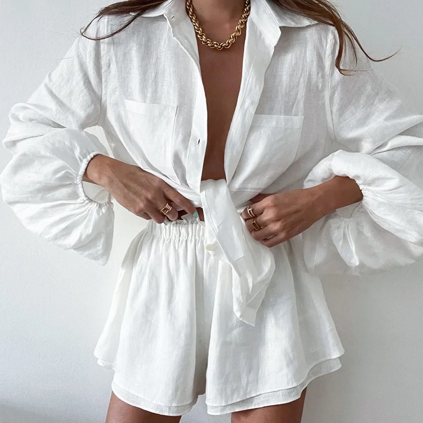 

2024 Summer Women's Long-sleeved Shorts Two-piece Casual Fashion Cotton Linen Shirt Suit