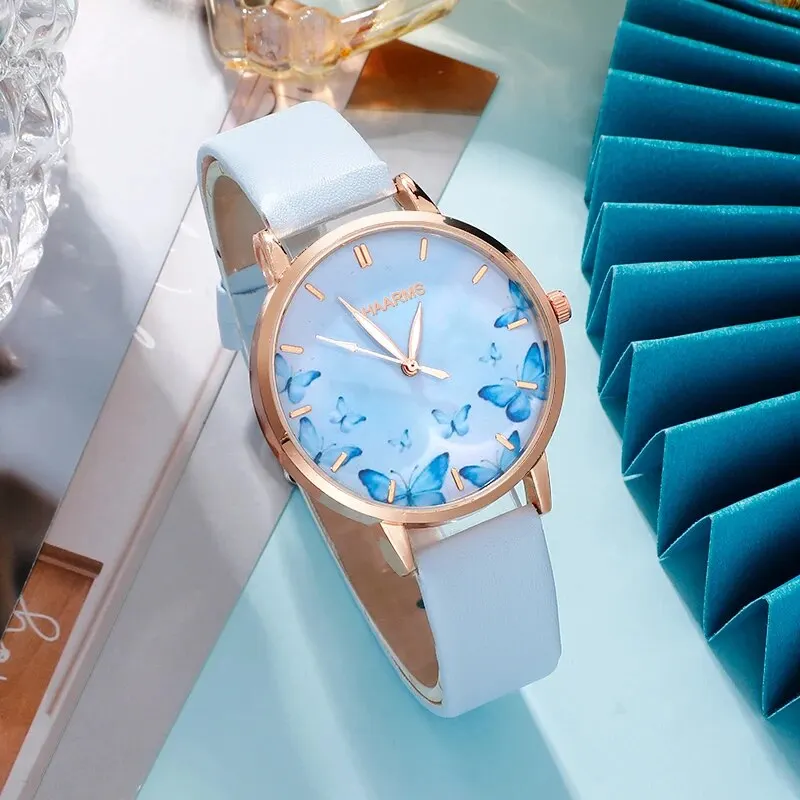 5PCS/Set Fashion Creative Butterfly Dial Quartz Watch For Women Leather Strap WristWatch Ladies Simple Watches Relogio Feminino