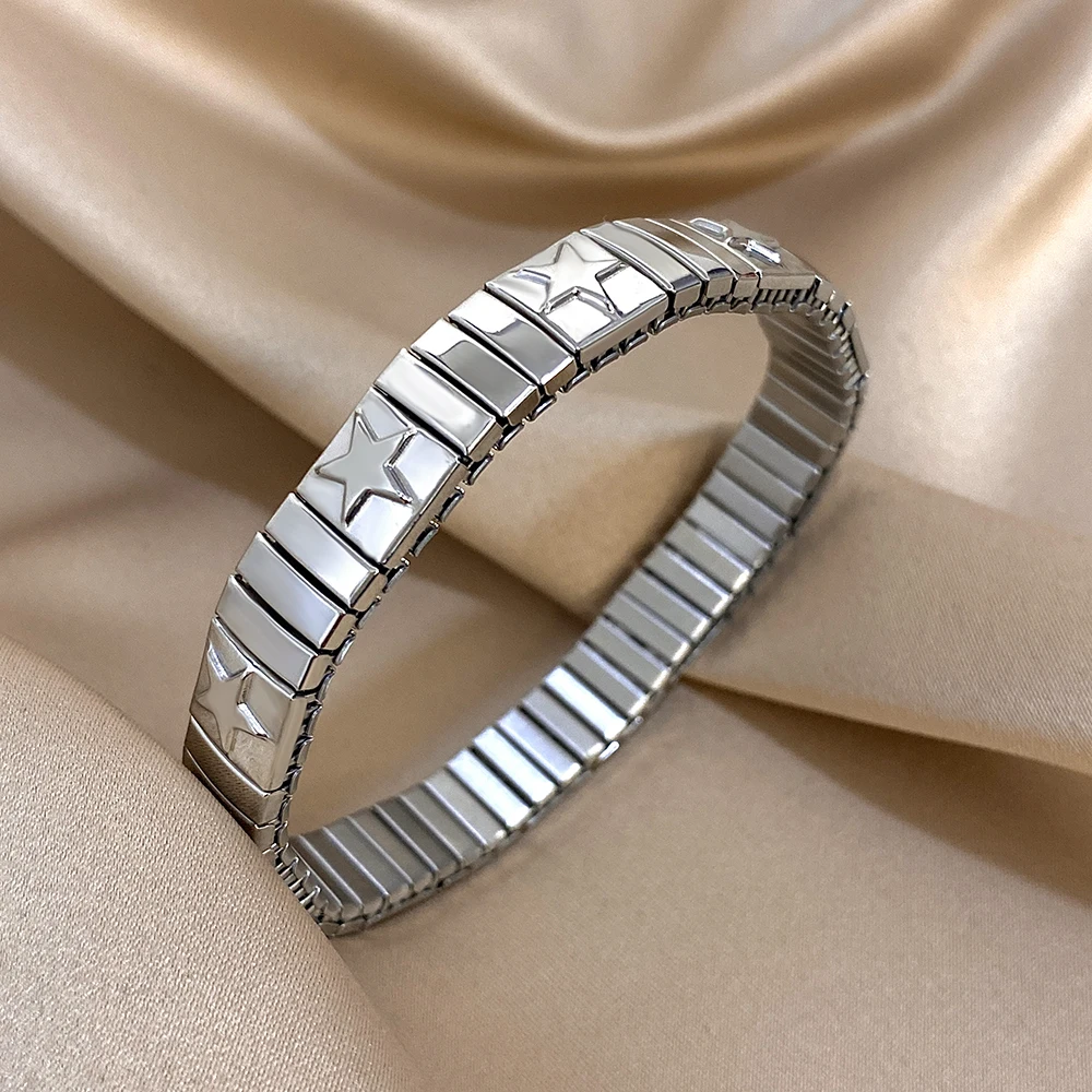 Vintage italienischer Charme elastische Edelstahl Sternmuster Armband Armreifen für Frauen Männer Armband Gliederkette verstellbar – Detail 4
