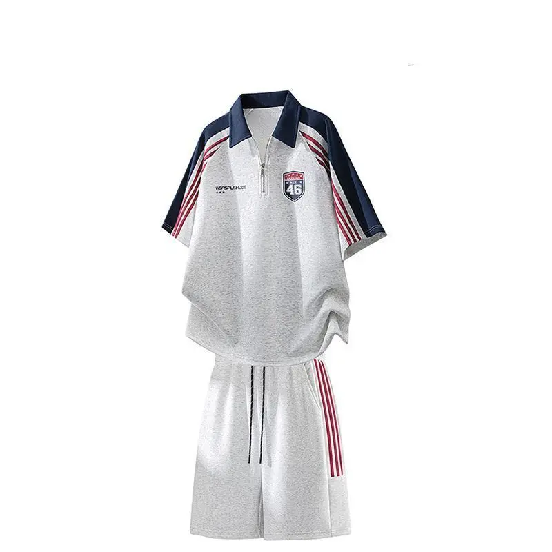 

American Color Block Three Bars Stripes Short Sleeve Set Men Summer Couple Casual Shirt Two Pieces Set Polyester Fiber