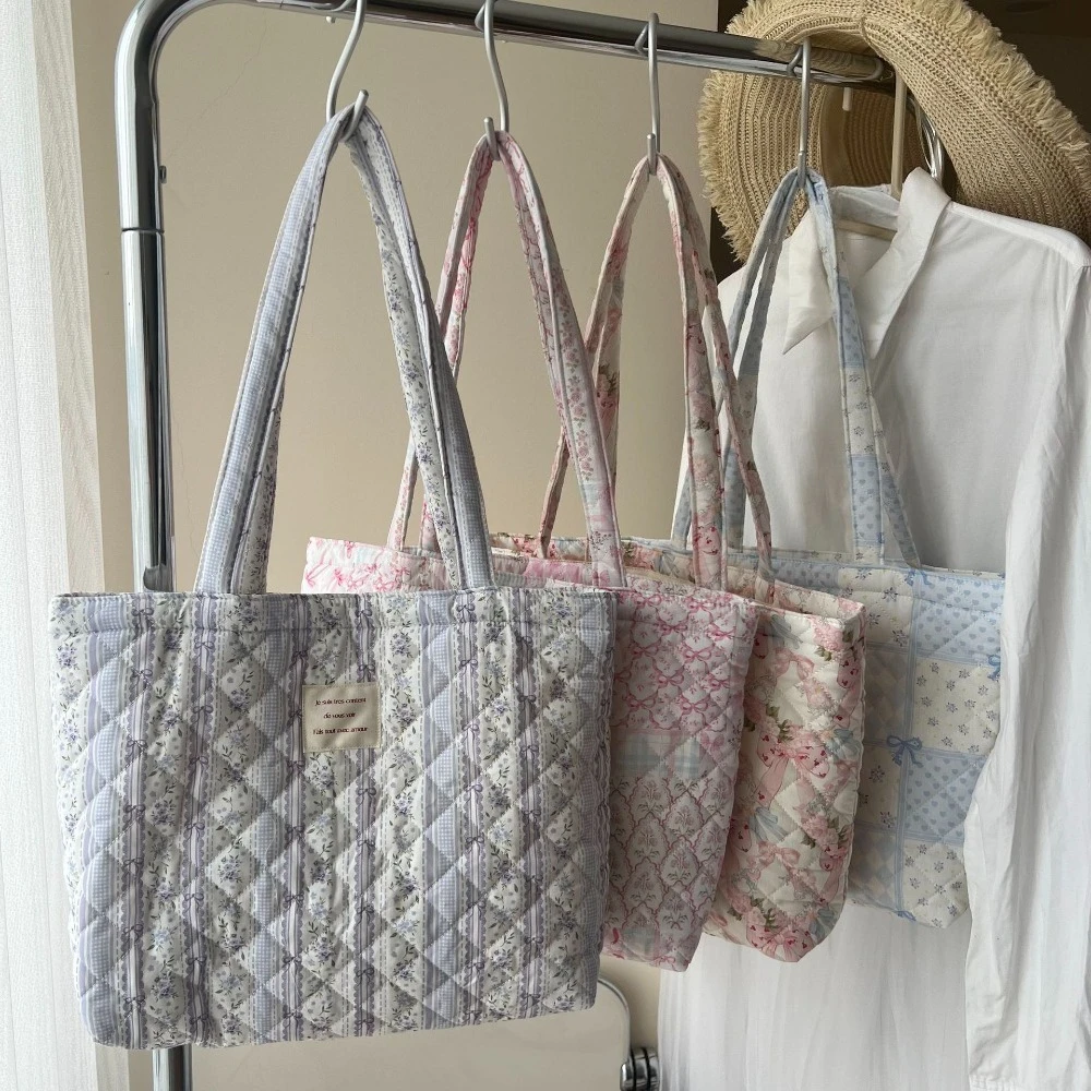 

Вместительные портативные сумки-шопперы через плечо для женщин, хлопковые сумки с милым бантом и цветочным узором, модные сумки-тоут