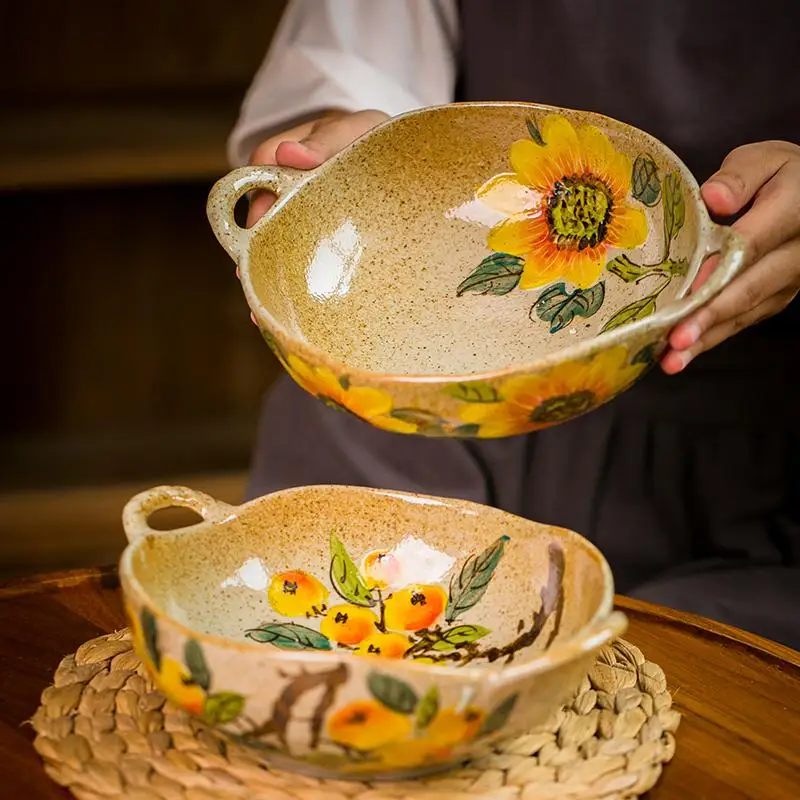 Chinese Retro Ceramic Bowl Large Underglaze Color Hand Painted Coarse Ceramic Instant Noodle Bowl