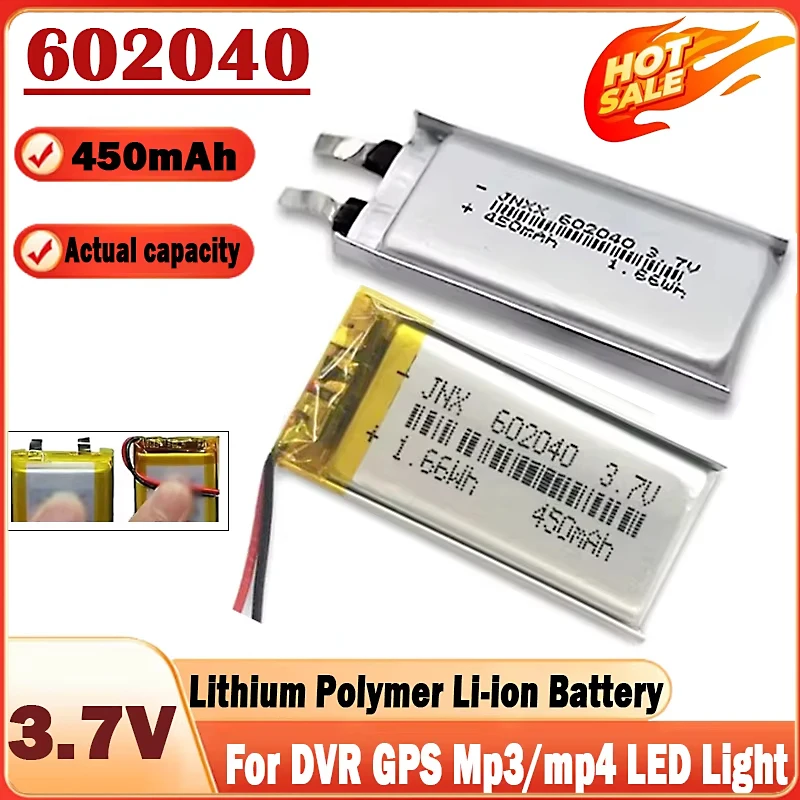 New 3.7V 450mAh 602040 Lithium Polymer Li-ion Rechargeable Battery for GPS MP3 MP4 MP5 Car DVR Tachograph Headphone Li Ion Cell