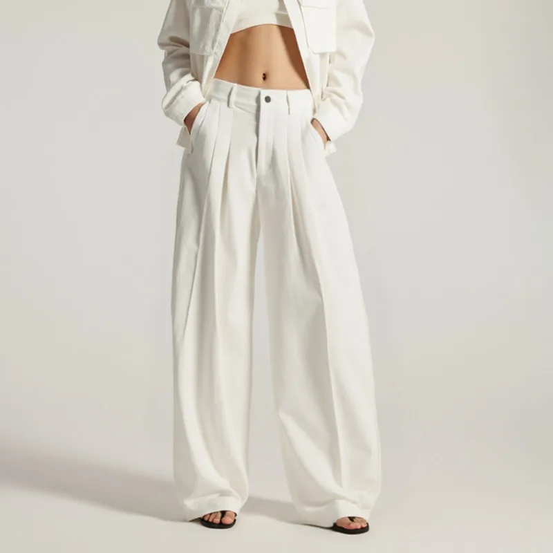 HKSH Autunno Nuove Donne Pantaloni a Gamba Larga di Colore Solido Pieghettato A Vita Alta Temperamento Alla Moda Office Lady Elegante Ins Bottoms HK11645