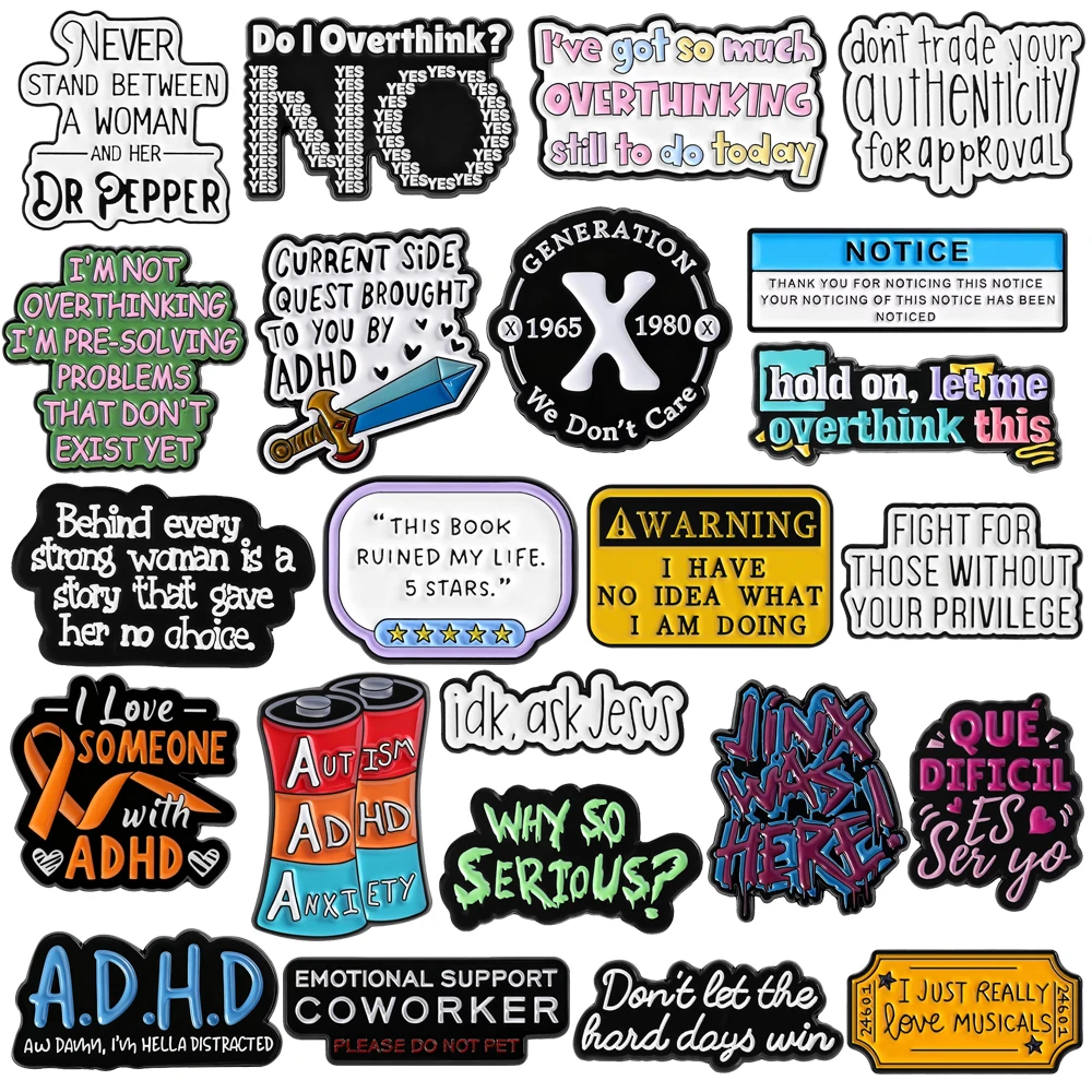 Personal Lettter Enamel Pins Brooches Do I Overthink? Notice Only Love Music ADHD WARNNING Cartoon Funny Text Badge Jewelry Gift