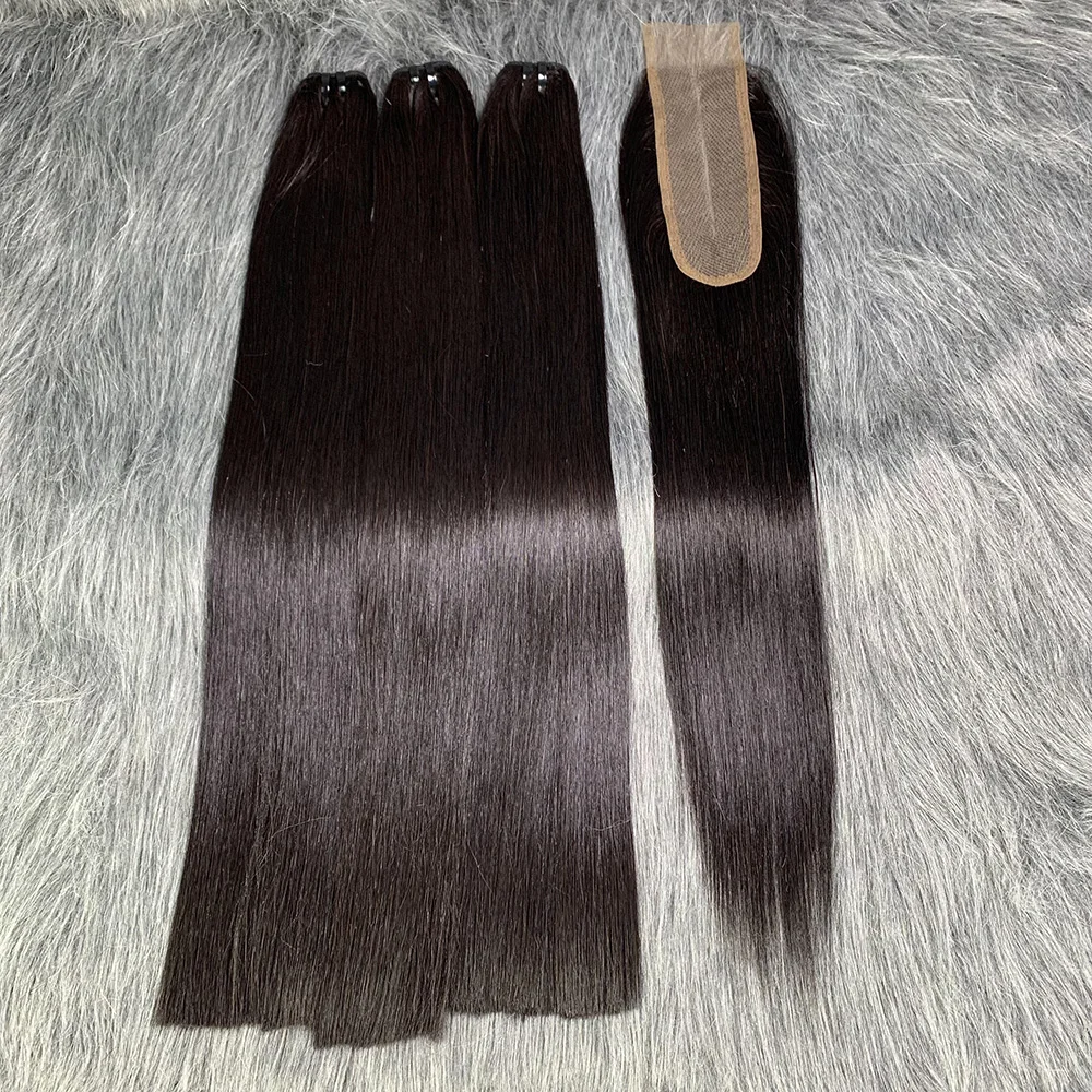 Bone Straight Vietnamese Raw Hair Bundles with Closure 12A Straight Raw Human Hair 3 Bundles with Closure 2x6 Lace Kim K Closure