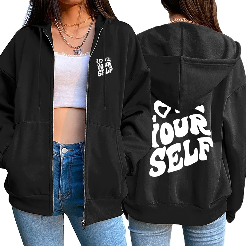 

LOVE YOU SELF женское пальто с принтом, хит продаж, модные свободные топы на молнии, спортивная толстовка с капюшоном, повседневный уличный женский кардиган, одежда на весну