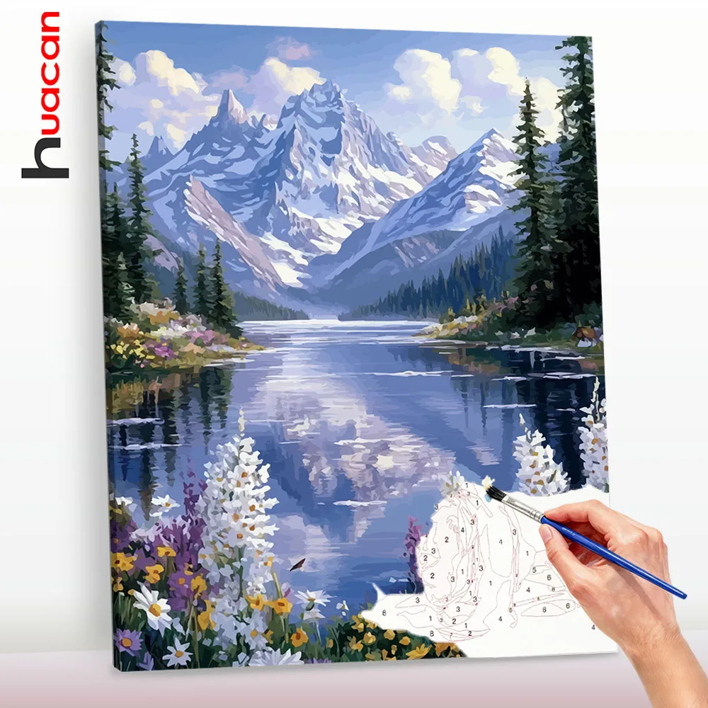 Huacan Malen nach Zahlen Leinwandbild Verschneite Berge Blumen Landschaft DIY Handwerk Handgemachtes Bild Malerei ﻿ ﻿
