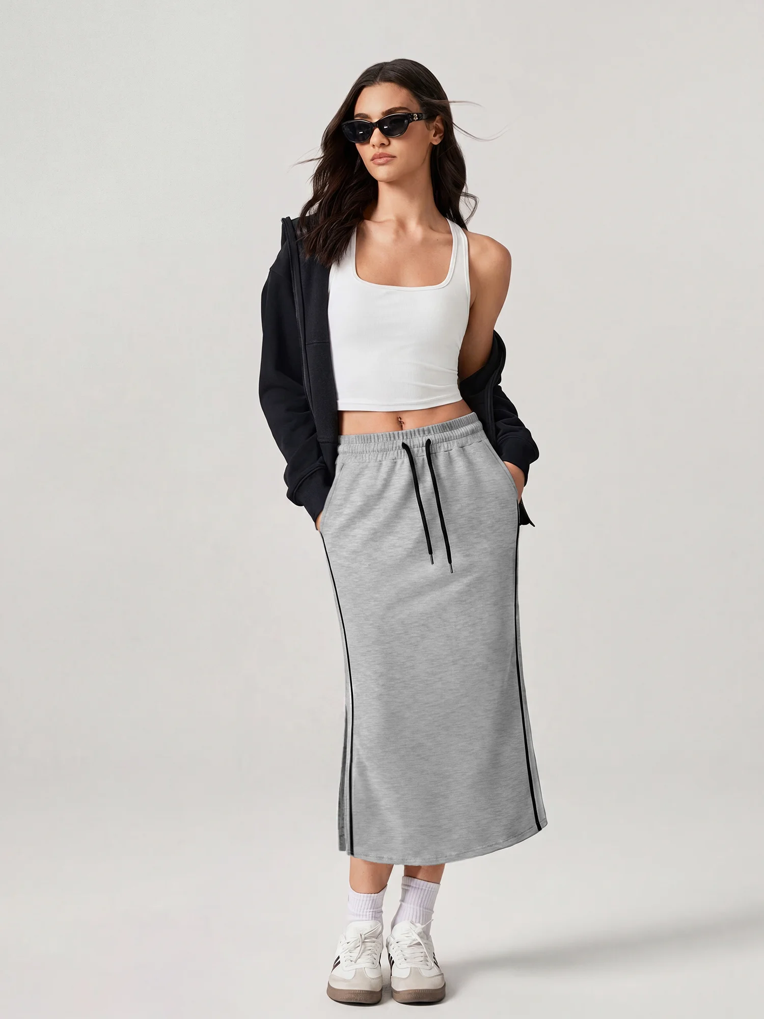 Relax Sporty Midi Skirt, Side Split Hem, Vacation Walking & Scenic Spot Leisure Outfit