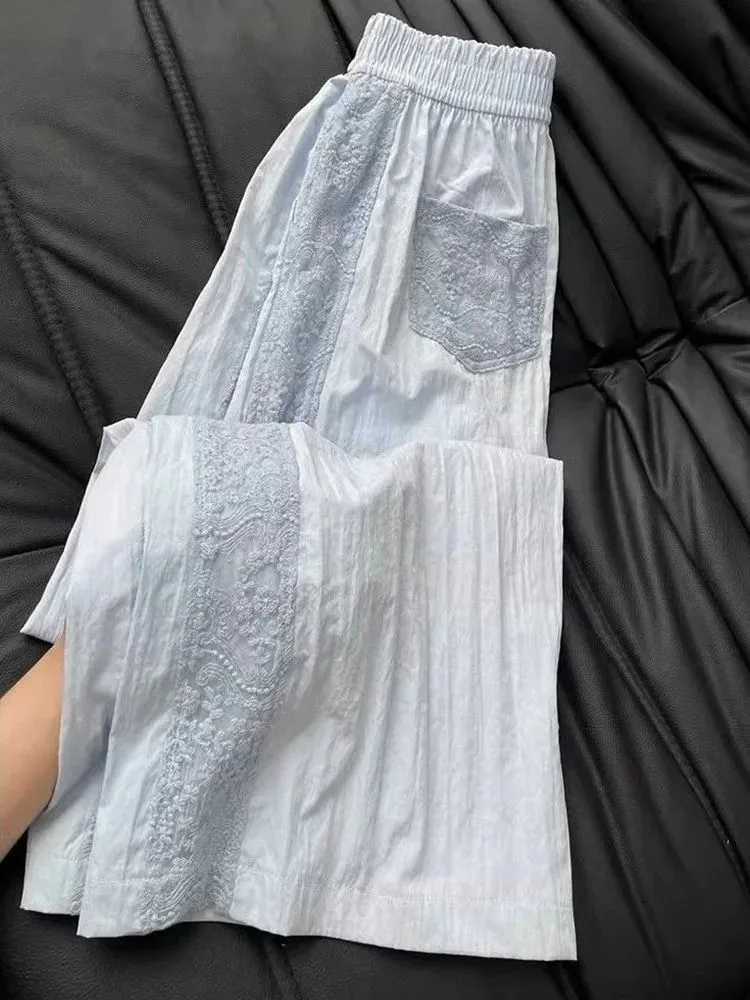 

Jmprs Korean Faion Lace Patchwork Sweet Pant High Waist Loose H-ape Women's Spring Season Casual Straight Leg Trousers