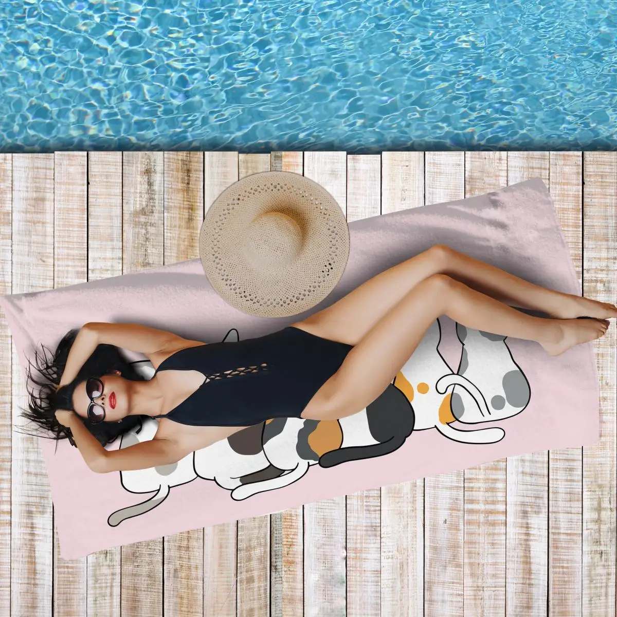 1 piece of 160x80cm pink cute cat digital printed bath towel beach towel, thickened, enlarged, soft and comfortable