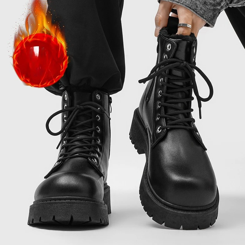 

Мужские черные рабочие ботинки с боковой молнией и высоким берцем 2025, зимние теплые модные ботинки на флисовой подкладке для улицы