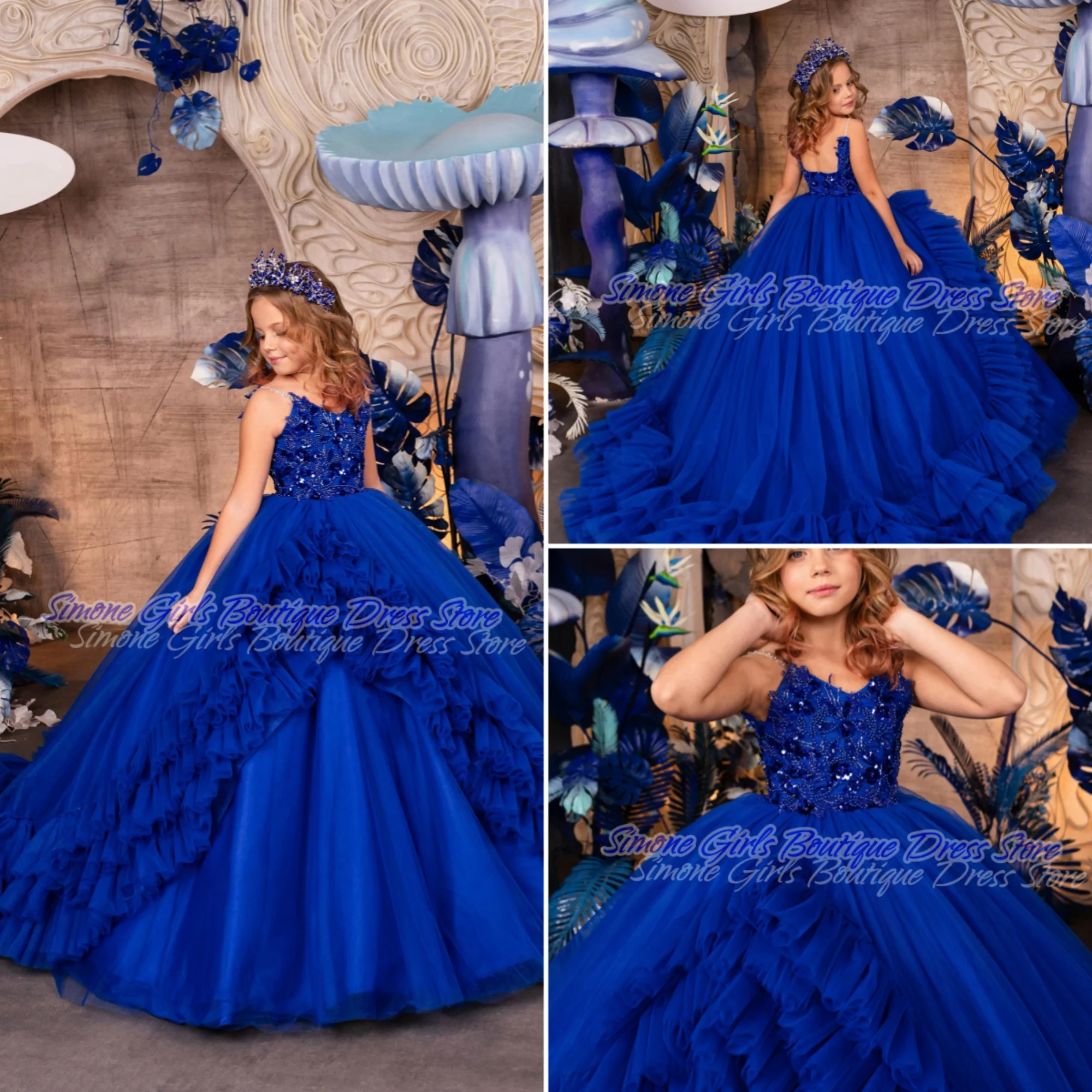 فستان الأميرة الأنيق بدون ظهر/مطرز بالترتر الأزرق فستان فتاة الزهور لحفلات الزفاف وحفلات الاستقبال الرسمية والجمال