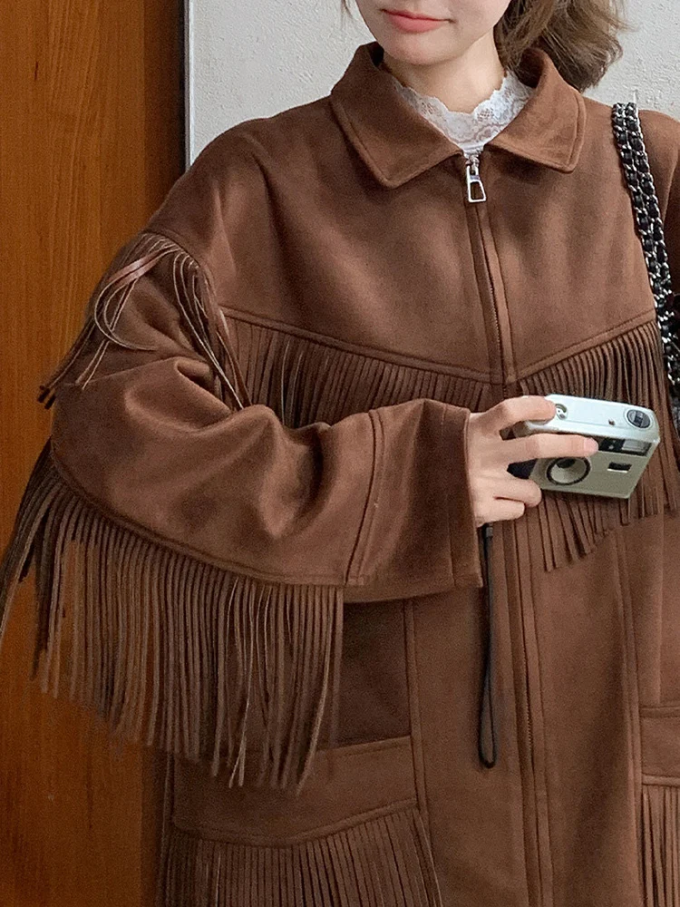 YERMORA براون الجلد المدبوغ شرابة جيب سترة خمر للنساء التلبيب كم طويل فضفاض معطف جديد موضة المد ربيع الخريف 2025