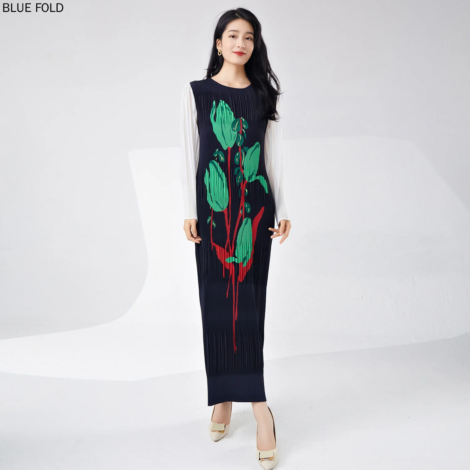 Miyake High-end and Light Luxury New Style Round Neck Lantern Sleeves Printed Loose Large Size Long Dress Europe and America