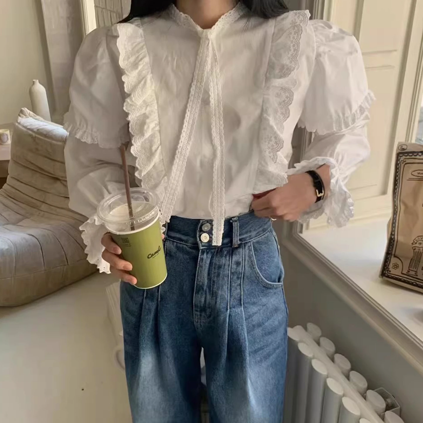 Chique blouse met kanten rand Dames vroege lente Ele Losse veelzijdige lange Sve-top Polyestervezel Bubble Sve opstaande kraag