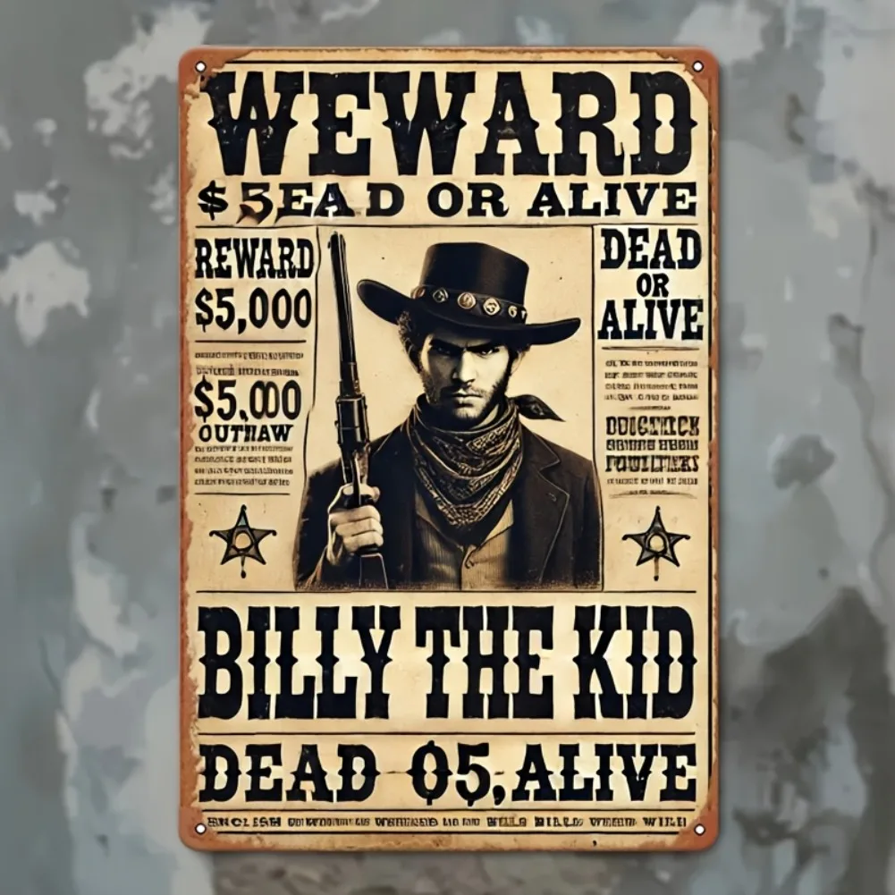 Affiche en métal Vintage Billy the Outlaw "Wanted", récompense, mort ou vivante, art mural sur le thème occidental, décoration d'intérieur, cadeau rétro