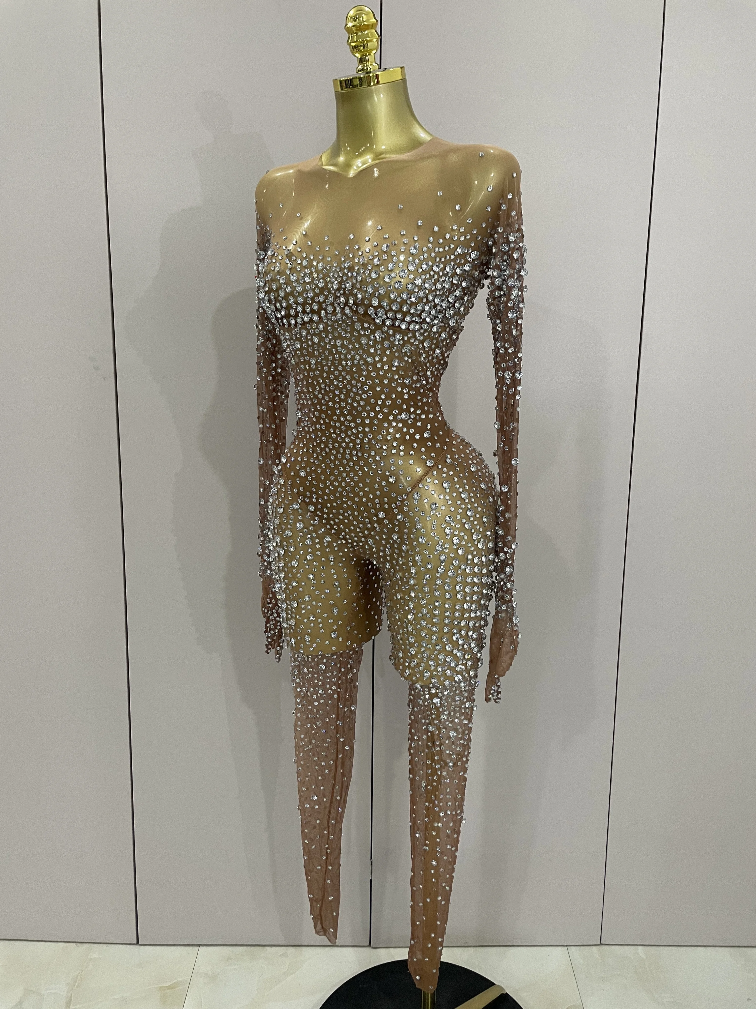 Luxury Sparkly Rhinestones Sexy Mesh See Through Bodycon Jumpsuit Women Birthday Gown Women Bar Nightclub Dancer Stage Outfit