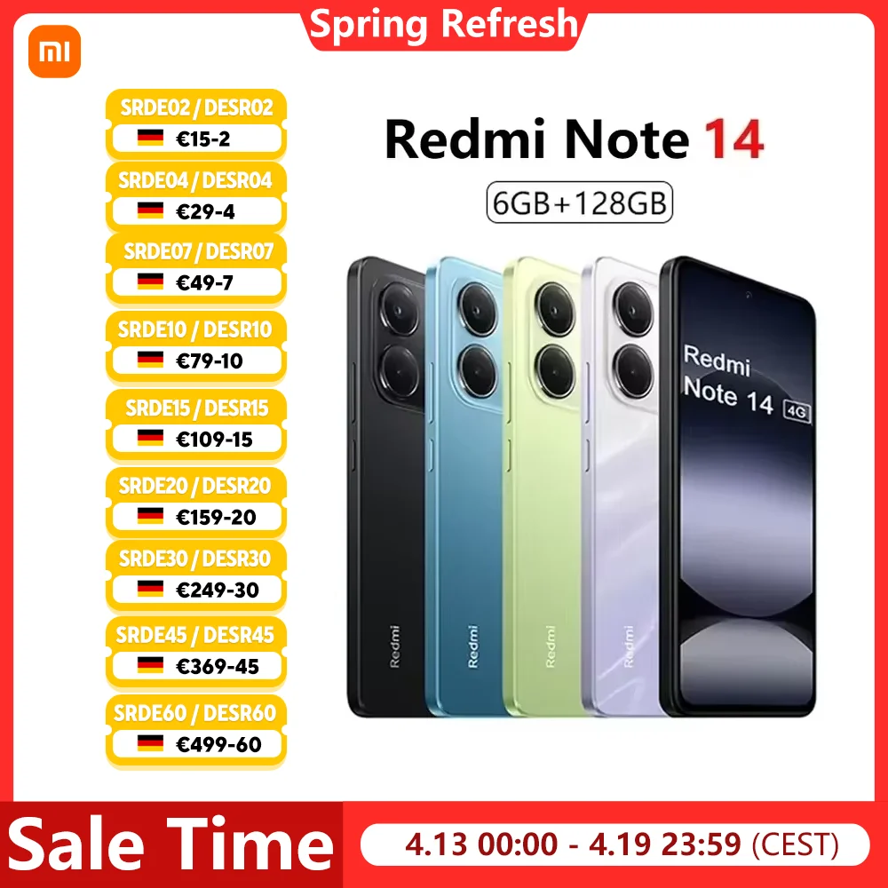 Smartphone Xiaomi Redmi Note 14 4G NFC 6G 128G MTK Helio G99-Ultra Écran 6,67" 120Hz Appareil photo 108MP Charge 33W Batterie 5500mAh