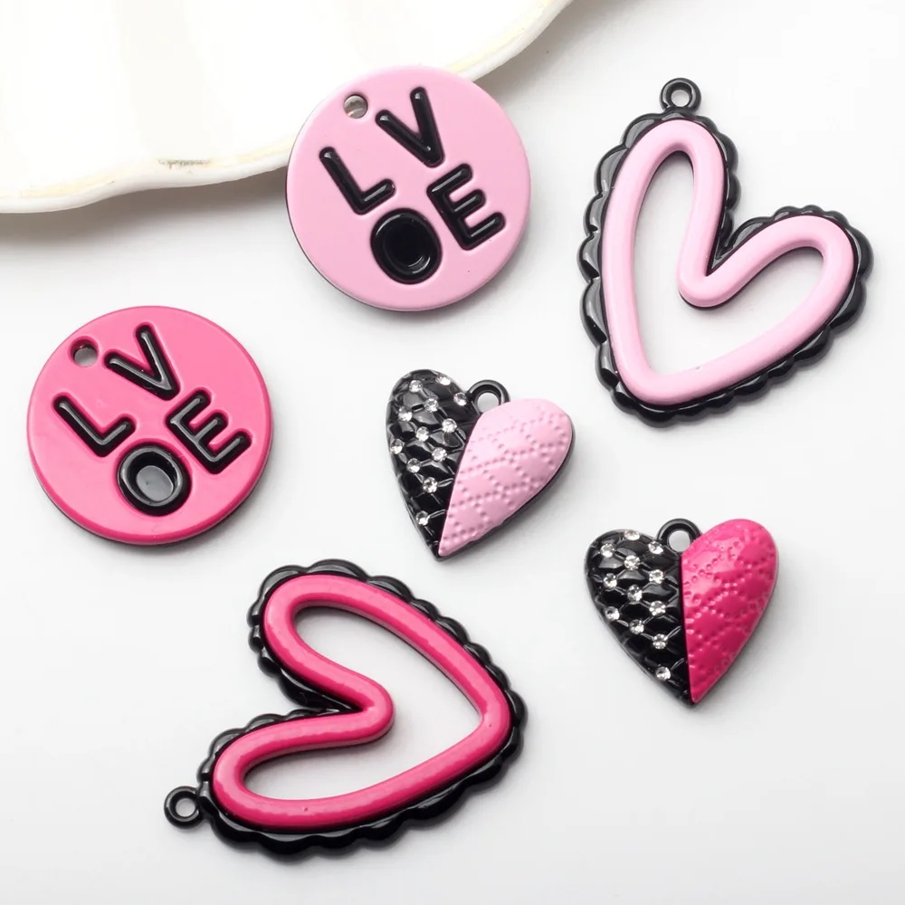 Colorful Zinc Alloy Heart-shaped Pendant with Enamel and Inlaid Rhinestones DIY Charm Jewelry Accessories 6pcs/lot