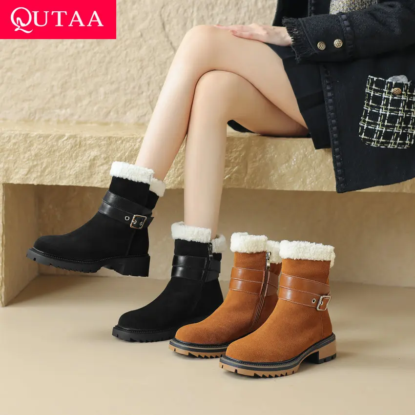 

QUTAA 2024 Warm Wool Women Ankle Boots Genuine Leather Round Toe Zipper Casual Shoes Woman Winter Snow Boots Size 34-40