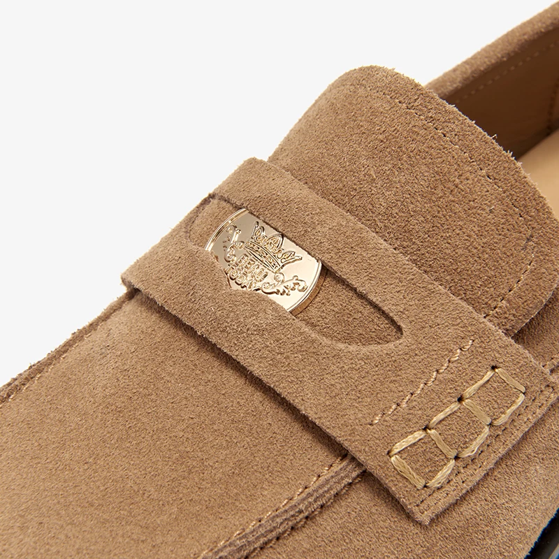 BEAUTODAY Penny Loafers Women Cow Suede Leather Flats Vintage Metal Cion Decor Sewing Female Casual Shoes 26189