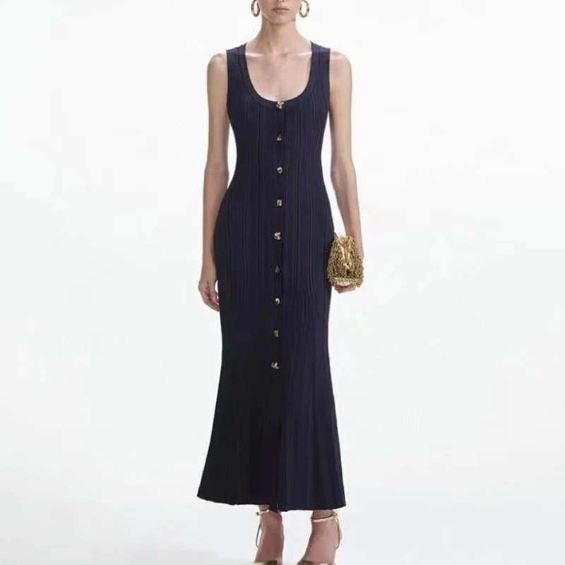 

Ladies U Neck Sleeveless Knit Dress,Fashion Slim Sexy Long Dress,High Quality Women's Clothing,2024,Summer,New,Y2K