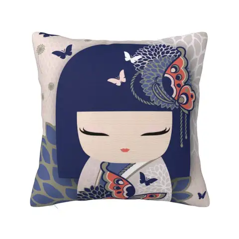 Kokeshi 인형 벚꽃 던지기 베개 커버, 침실 장식, 기모노 게이샤 소녀 쿠션 커버, 폴리에스터 소프트 베개 슬립
